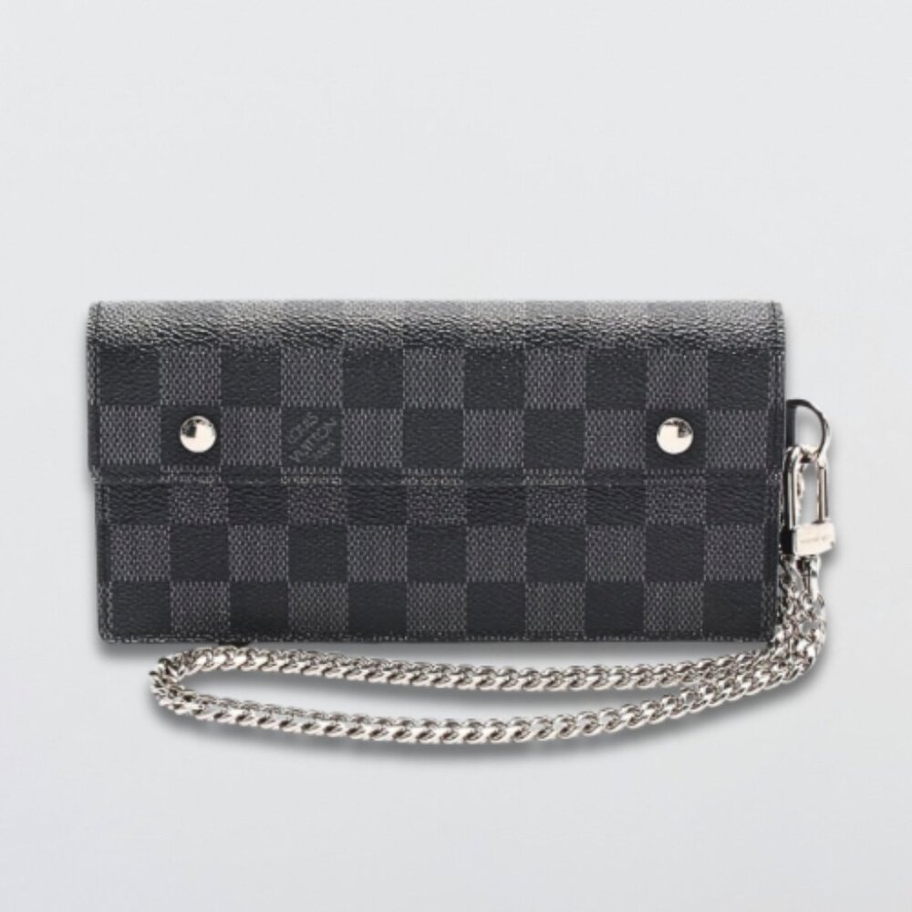 Louis Vuitton Black Checkered Wallet with Silver Chain